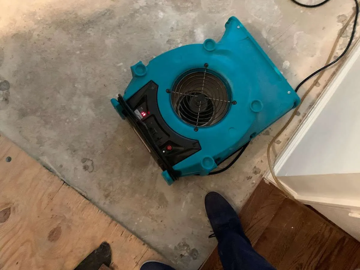 Air mover drying subfloor during Leak Detection & Repair in Camano